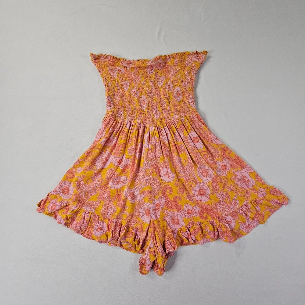 Angie Strapless Smocked Floral Romper Size S Orange Pink Boho Ruffle Rayon